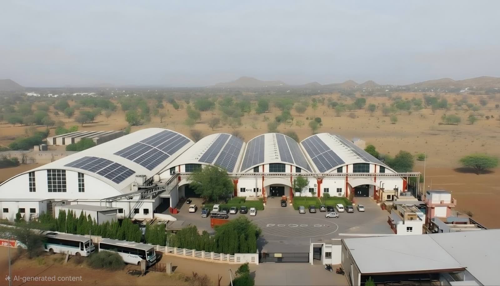 Rooftop solar array across the arched production halls at the Pegma facility
